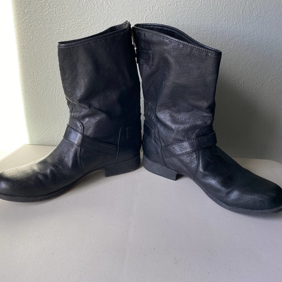 Steve Madden Enngage Black Leather Mid Calf Boots Moto Style Gold Women's Size 8 - Picture 11 of 16